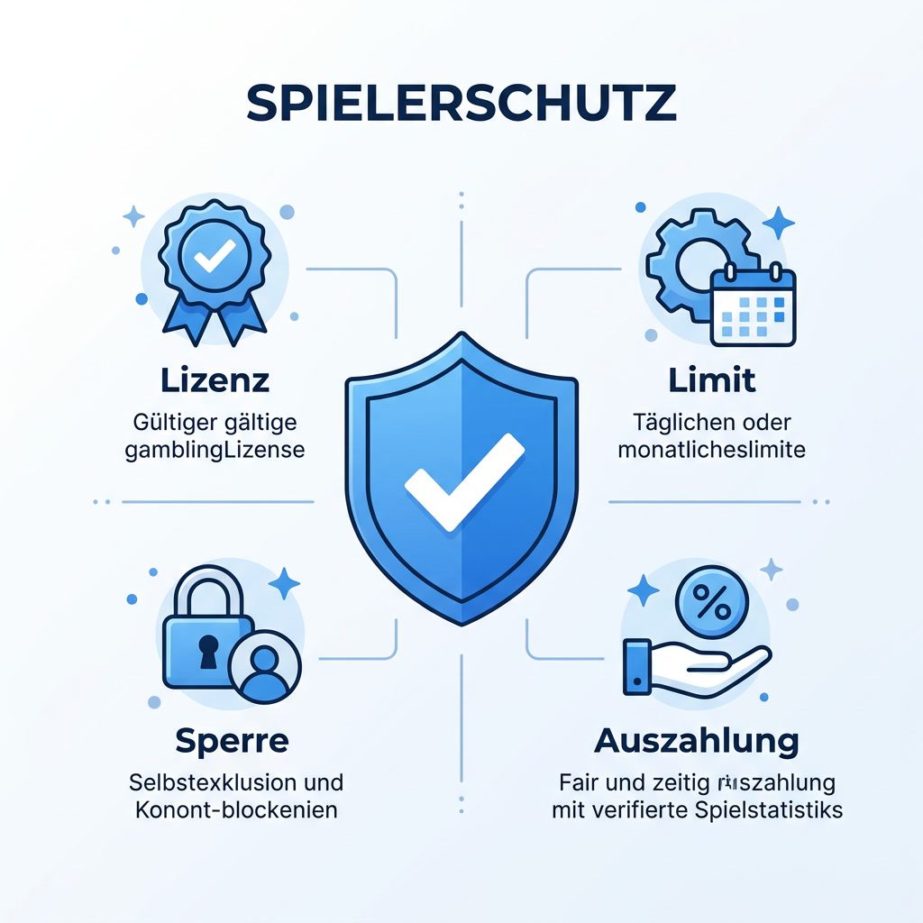 Infografik: Lizenz, Limit, Selbstsperre und faire Auszahlung