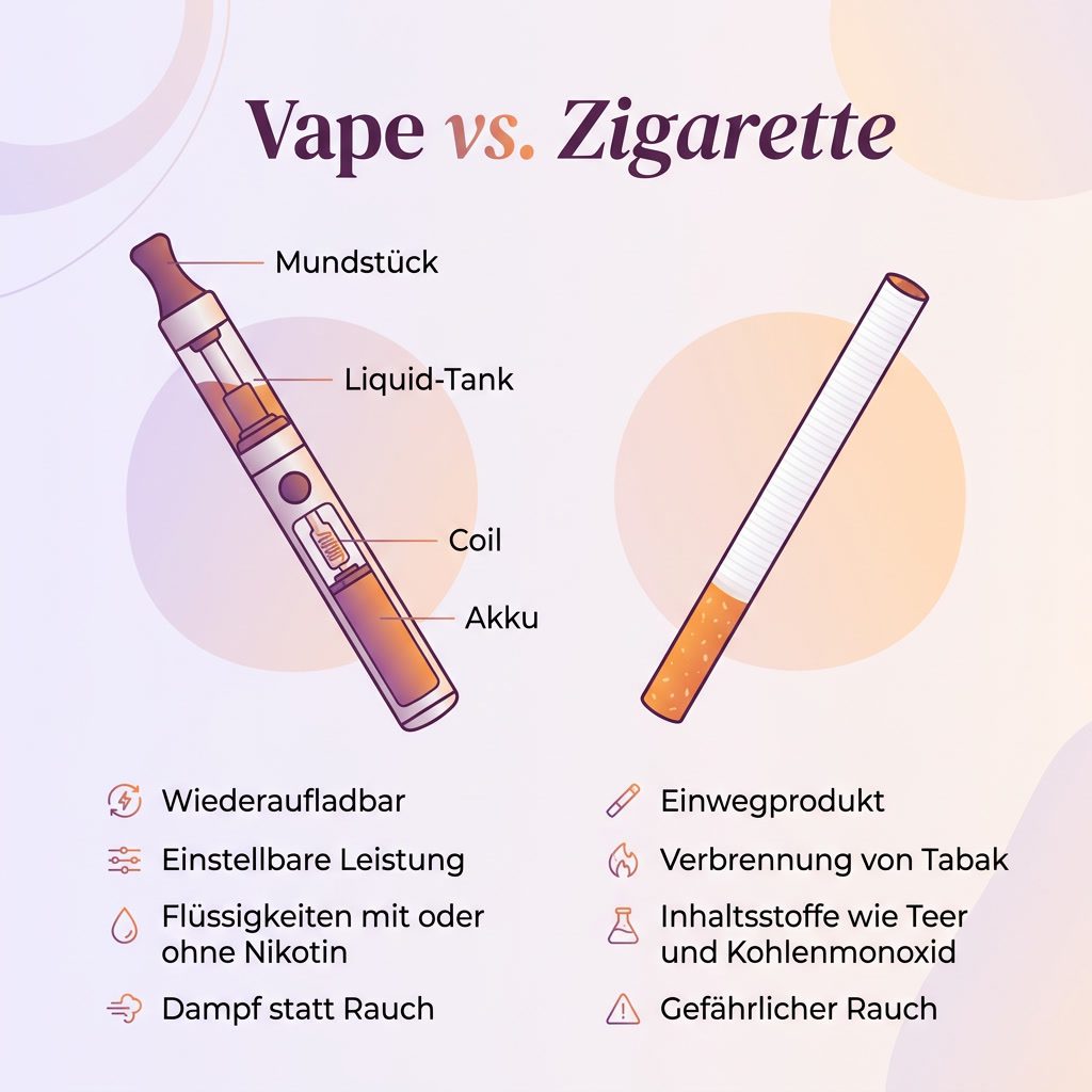 Vape vs. Zigarette Infografik: Aufbau, Vergleich und Komponenten der E-Zigarette