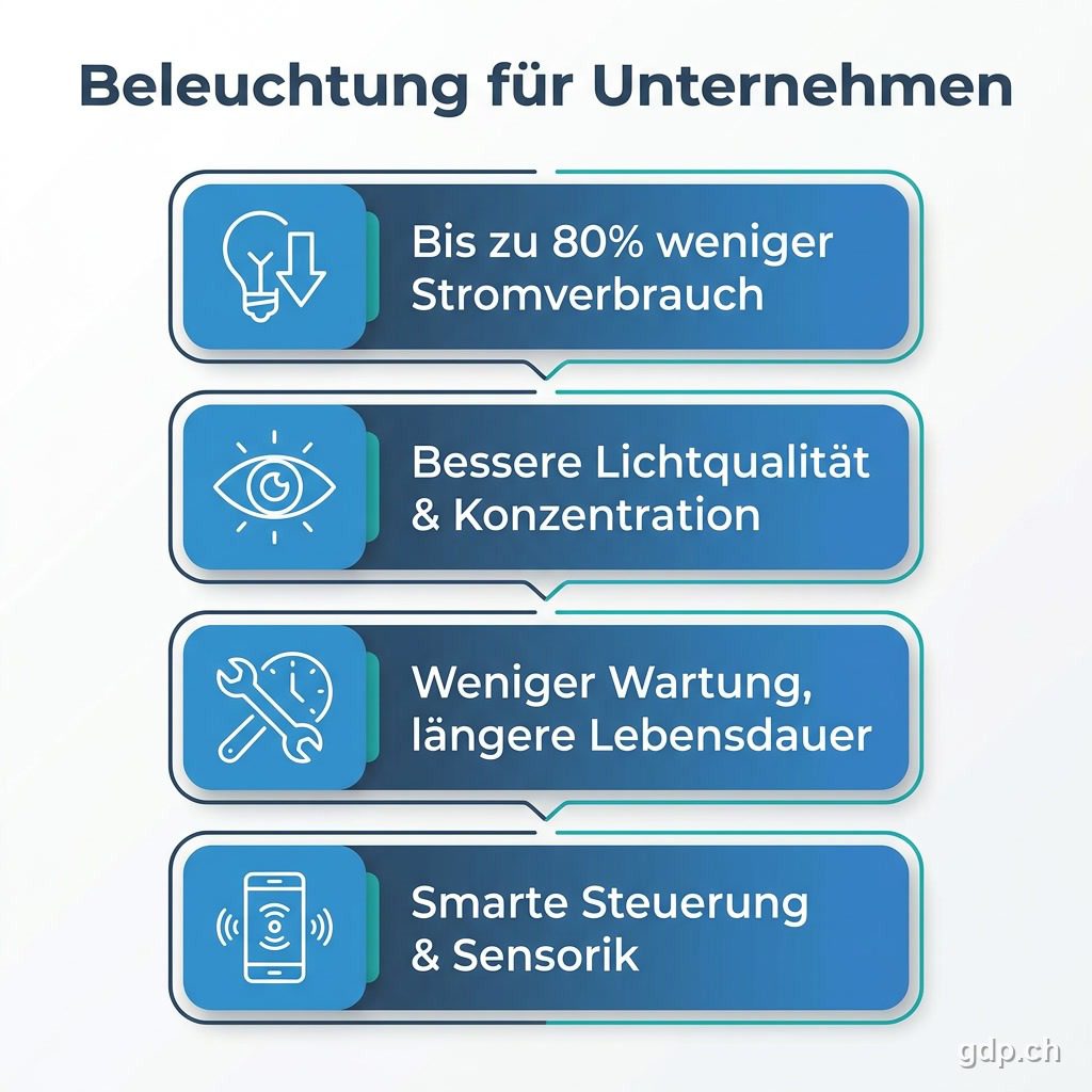 Infografik: Vorteile von Beleuchtungslösungen für Unternehmen – bis zu 80 Prozent weniger Stromverbrauch, bessere Lichtqualität, weniger Wartung, smarte Steuerung