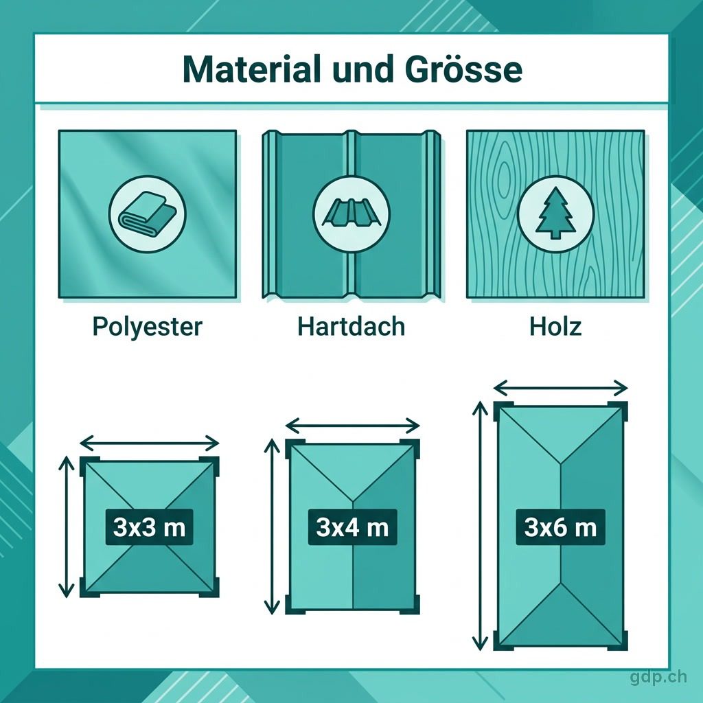 Vergleich von Pavillon-Dachmaterialien Polyester, Hartdach und Holz sowie gängige Grössen 3x3, 3x4 und 3x6 Meter