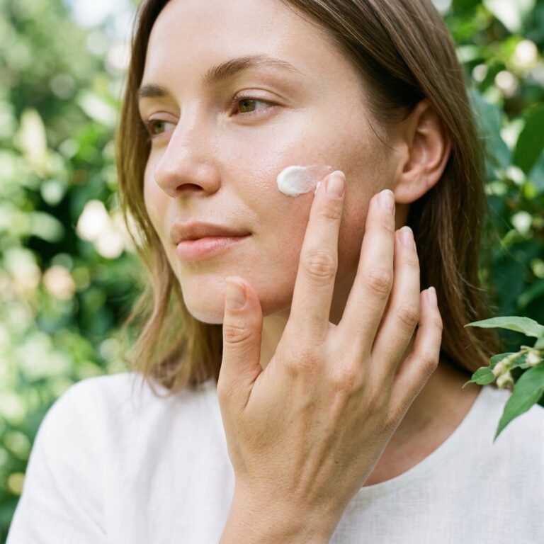Frau trägt natürliche Sonnencreme im Gesicht auf