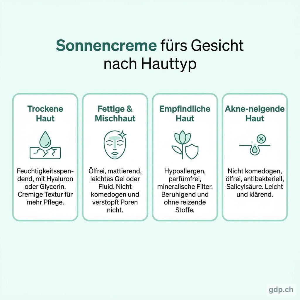 Infografik: Sonnencreme fürs Gesicht nach Hauttyp – trockene, fettige, empfindliche und Akne-neigende Haut