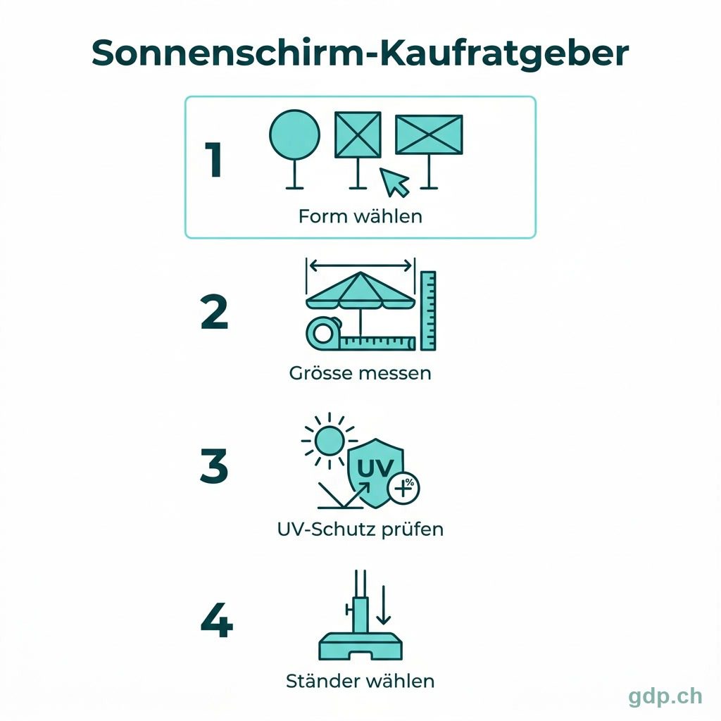 Infografik Sonnenschirm-Kaufratgeber: Form waehlen, Groesse messen, UV-Schutz pruefen, Staender waehlen