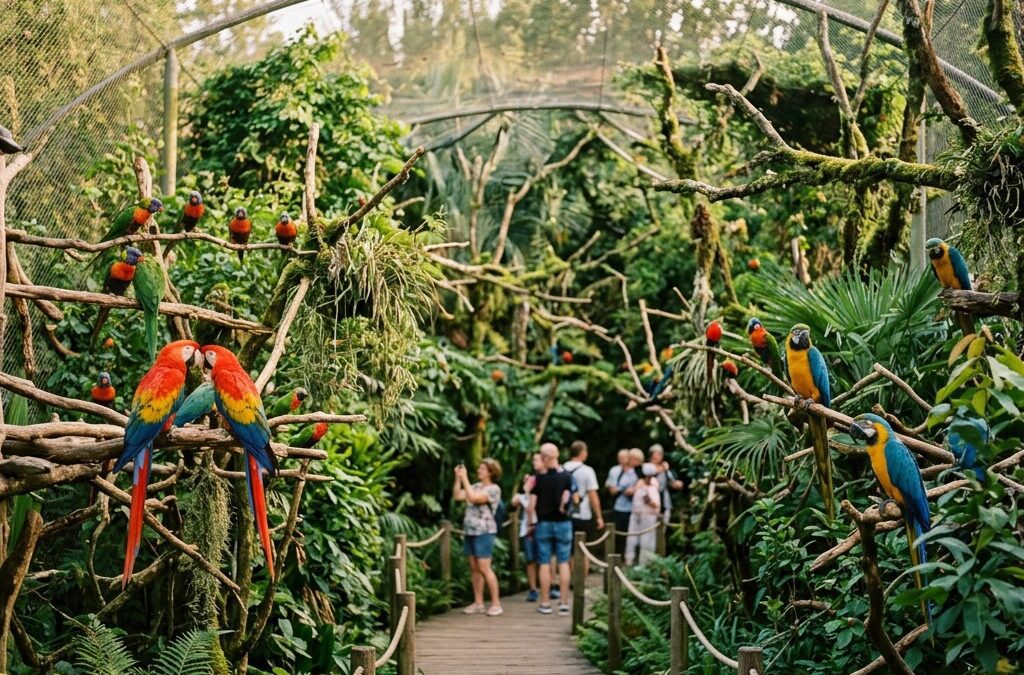 Weltvogelpark Walsrode: begehbare Freiflughalle mit Papageien und Aras