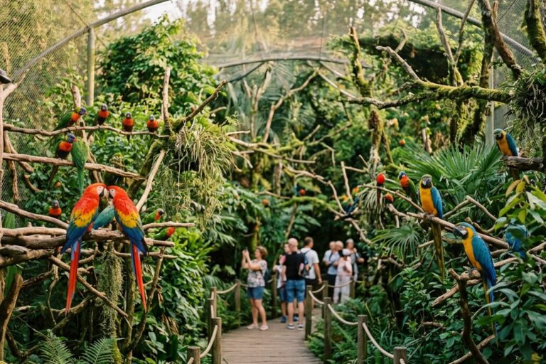 Weltvogelpark Walsrode: begehbare Freiflughalle mit Papageien und Aras