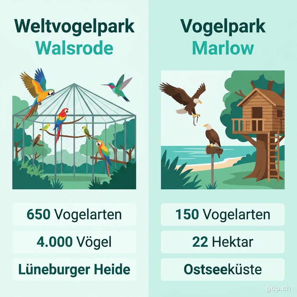 Vergleich Weltvogelpark Walsrode und Vogelpark Marlow: Vogelarten, Fläche und Lage