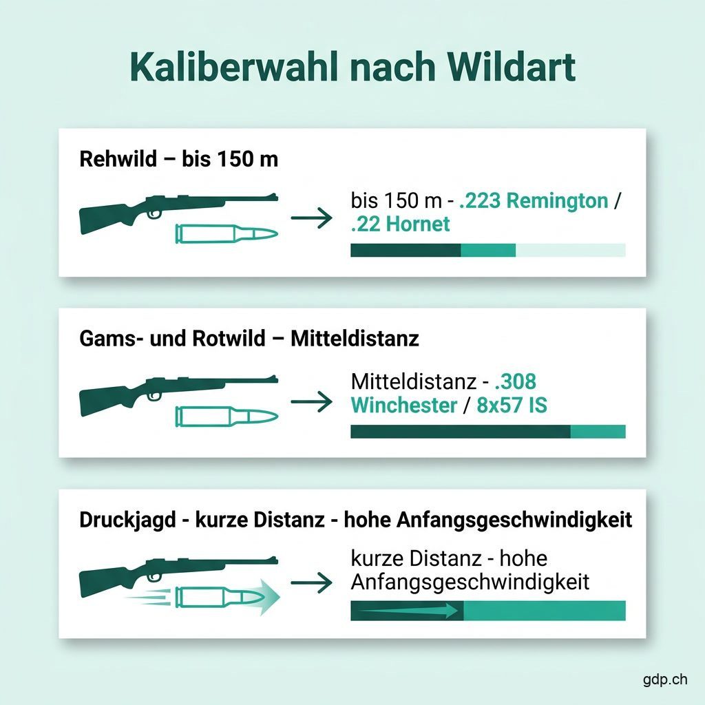 Infografik zur Kaliberwahl nach Wildart und Distanz bei der Jagd in der Schweiz