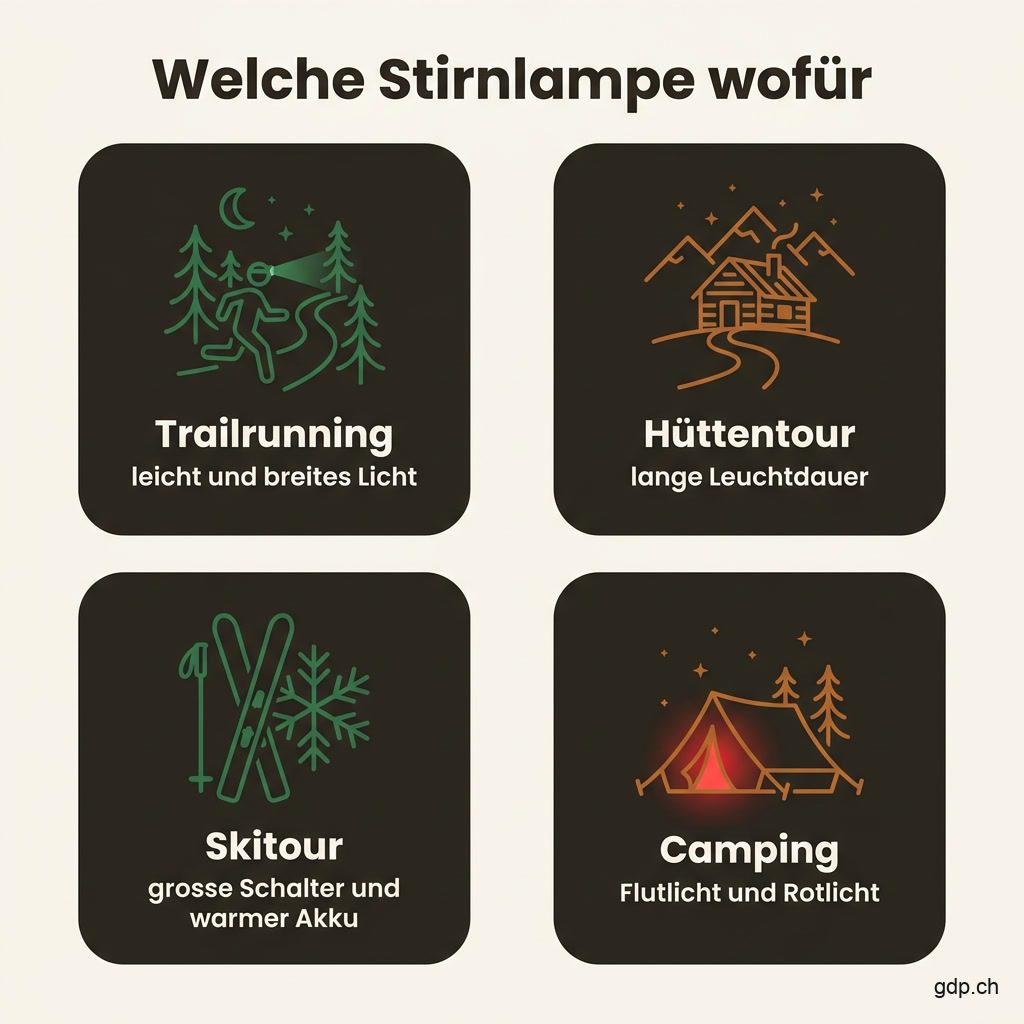 Infografik: Welche Stirnlampen-Eigenschaften bei Trailrunning, Hüttentour, Skitour und Camping zählen
