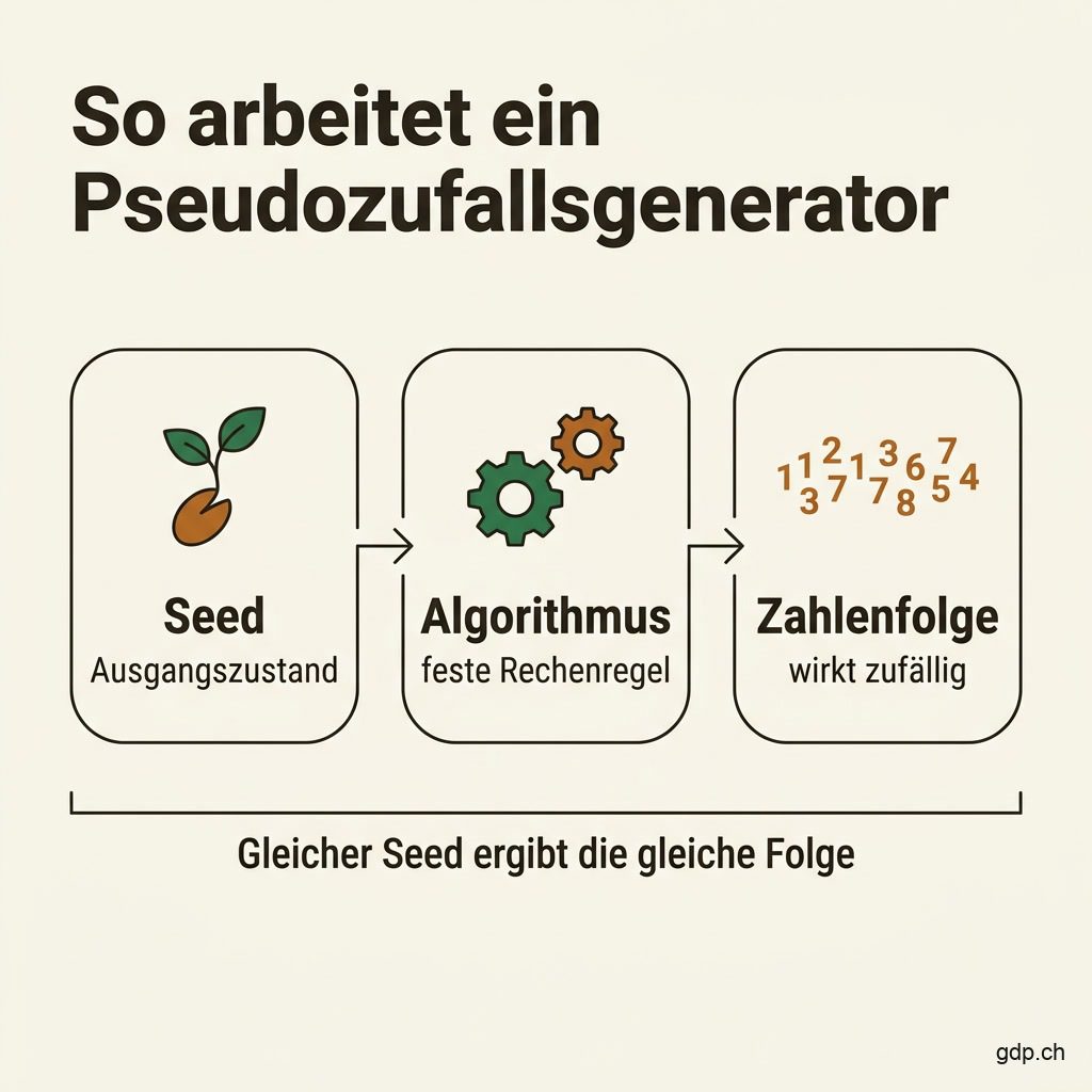 Infografik: So arbeitet ein Pseudozufallsgenerator – Seed, Algorithmus, Zahlenfolge